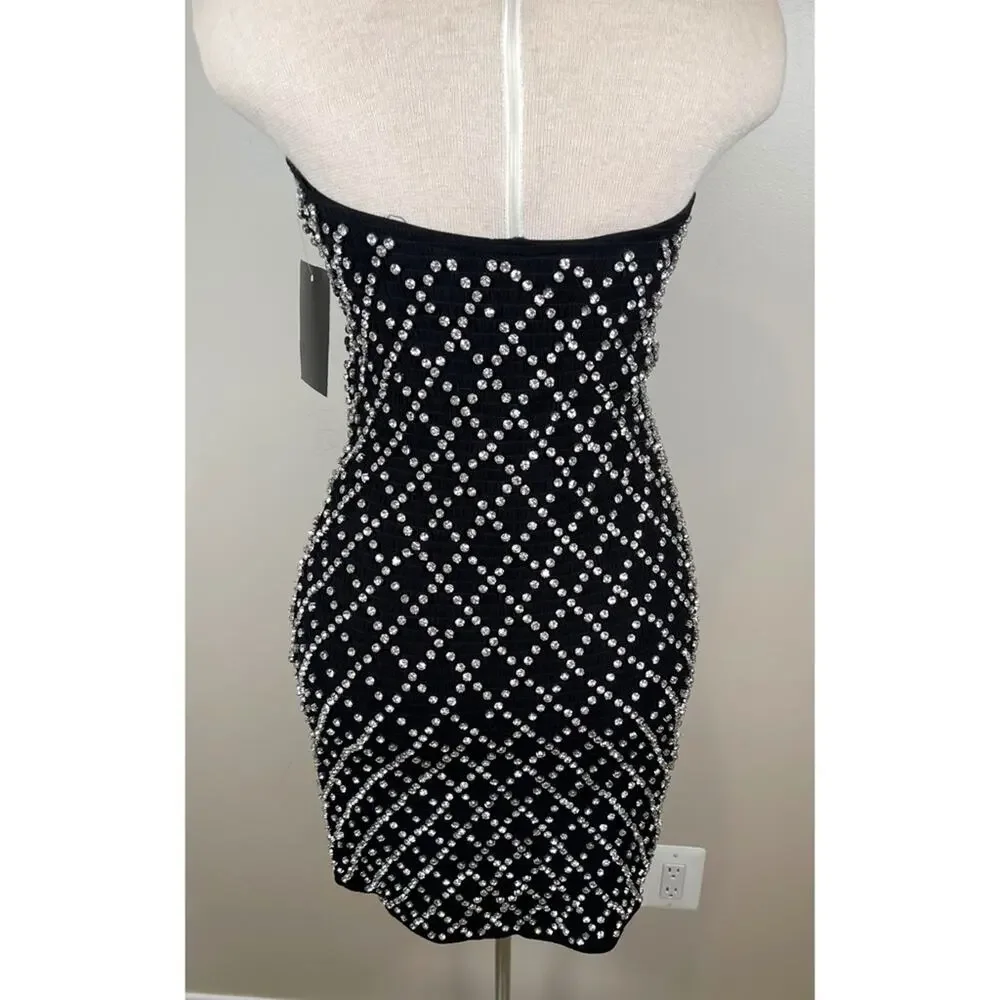 Retrofete Felicity Strapless Grid Crystal Embellished Black Mini Dress Sz M - Picture 4 of 11